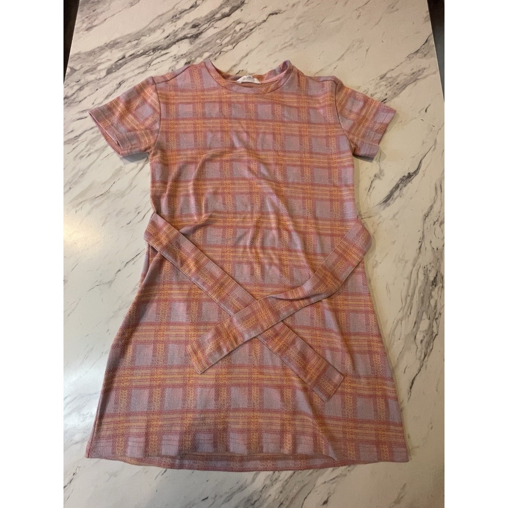 Steve Madden Dress Womens Medium Pink Plaid Tie Waist Short Sleeve Knit Midi